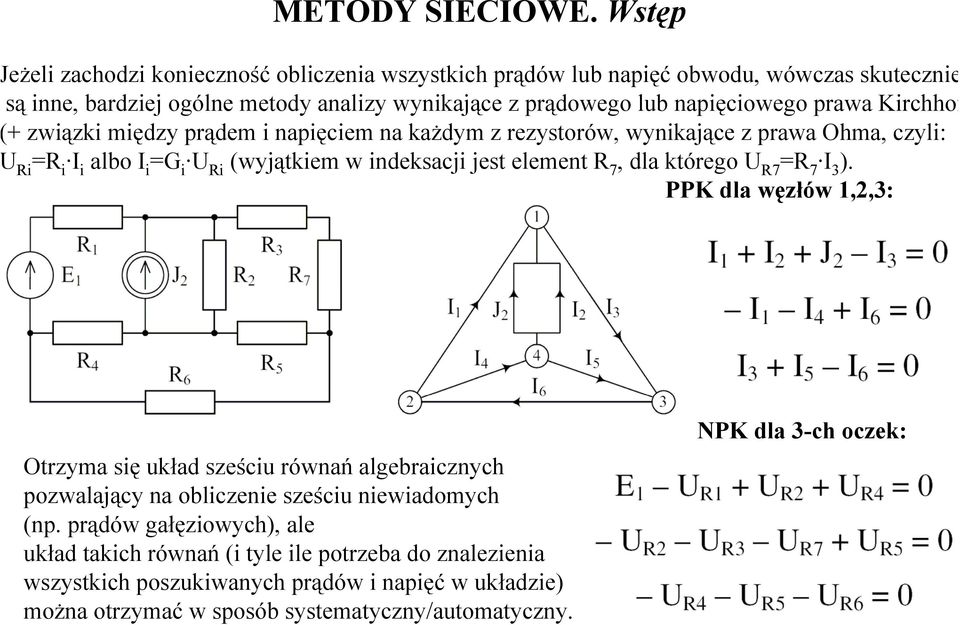 prawa Kirchhof + związki między prądem i napięciem na każdym z rezystorów, wynikające z prawa Ohma, czyli: Ri =R i I i albo I i =G i U Ri (wyjątkiem w indeksacji jest element R 7, dla