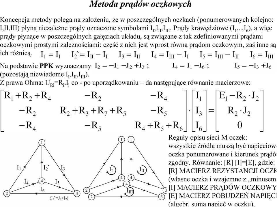 suma napięć w oczku), oncepcja metody polega na założeniu, że w poszczególnych oczkach (ponumerowanych kolejno:,ii,iii) płyną niezależne prądy oznaczone symbolami I I,I II,I III.