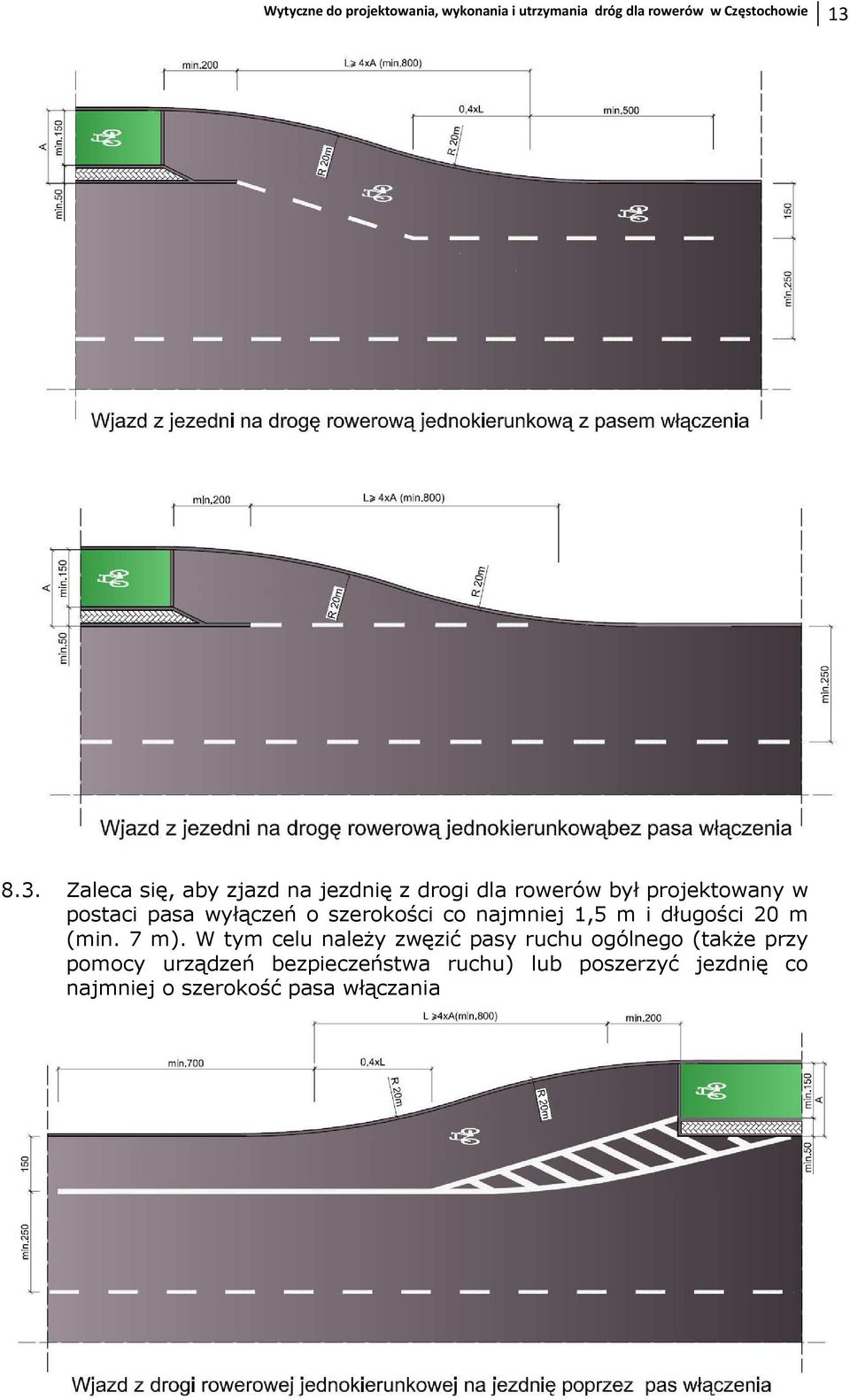 o szerokości co najmniej 1,5 m i długości 20 m (min. 7 m).