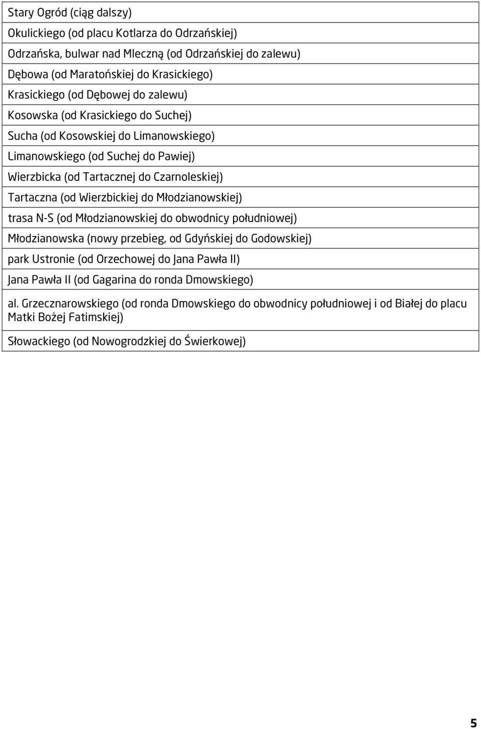 do Młodzianowskiej) trasa N-S (od Młodzianowskiej do obwodnicy południowej) Młodzianowska (nowy przebieg, od Gdyńskiej do Godowskiej) park Ustronie (od Orzechowej do Jana Pawła II) Jana Pawła