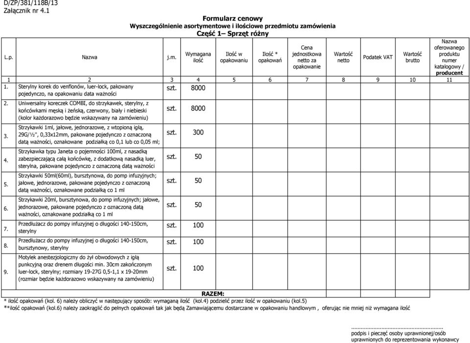 ilość opakowań (kol. 6) należy obliczyć w następujący sposób: wymaganą ilość (kol.4) podzielić przez ilość w opakowaniu (kol.5) **ilość opakowań (kol.