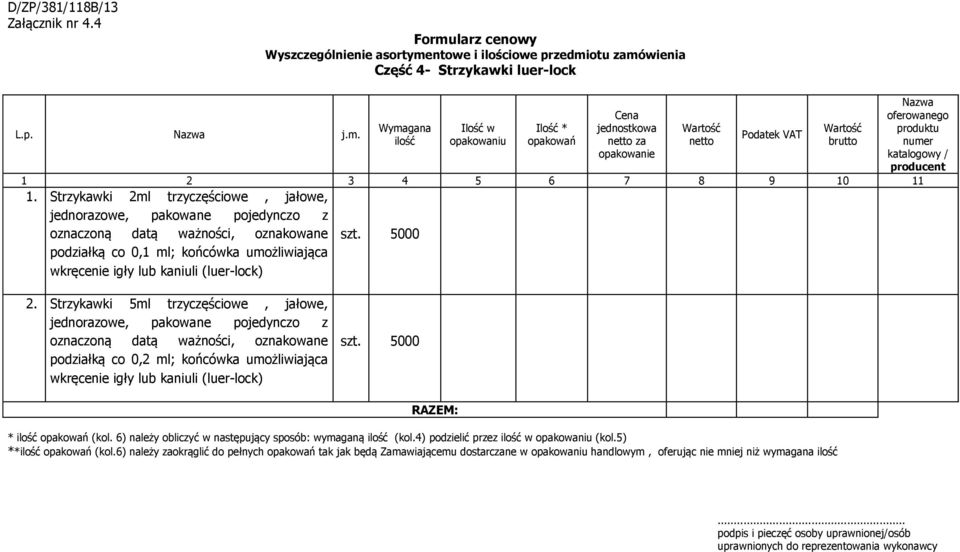 5000 podziałką co 0,1 ml; końcówka umożliwiająca wkręcenie igły lub kaniuli (luer-lock) Wartość brutto Nazwa oferowanego produktu numer katalogowy / producent 2.