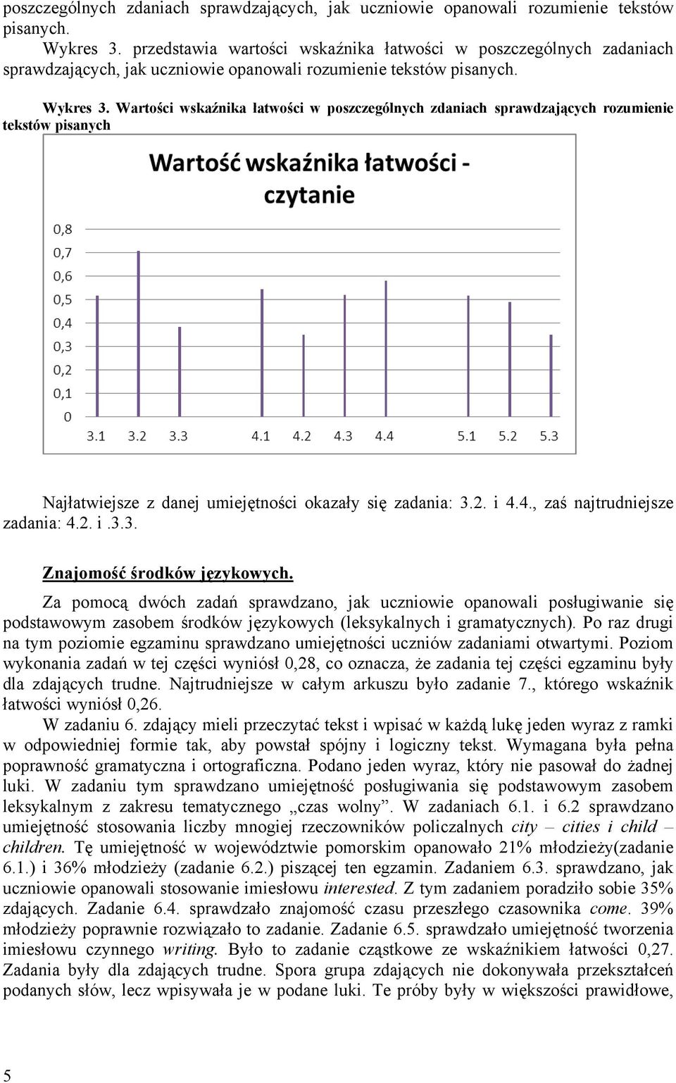 Wartości wskaźnika łatwości w poszczególnych zdaniach sprawdzających rozumienie tekstów pisanych Najłatwiejsze z danej umiejętności okazały się zadania: 3.2. i 4.4., zaś najtrudniejsze zadania: 4.2. i.3.3. Znajomość środków językowych.