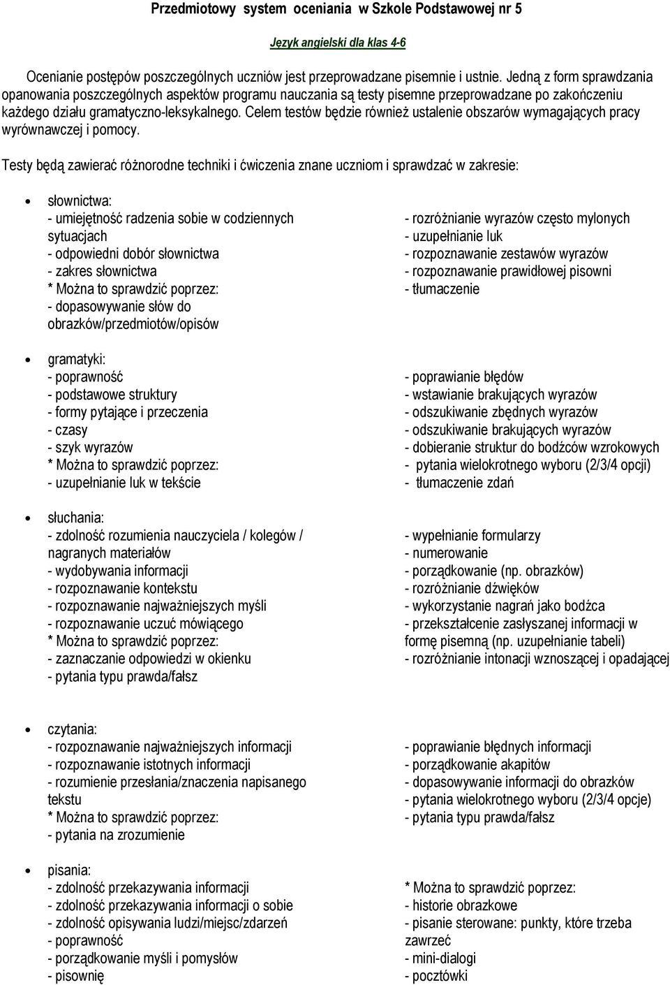 Celem testów będzie równieŝ ustalenie obszarów wymagających pracy wyrównawczej i pomocy.