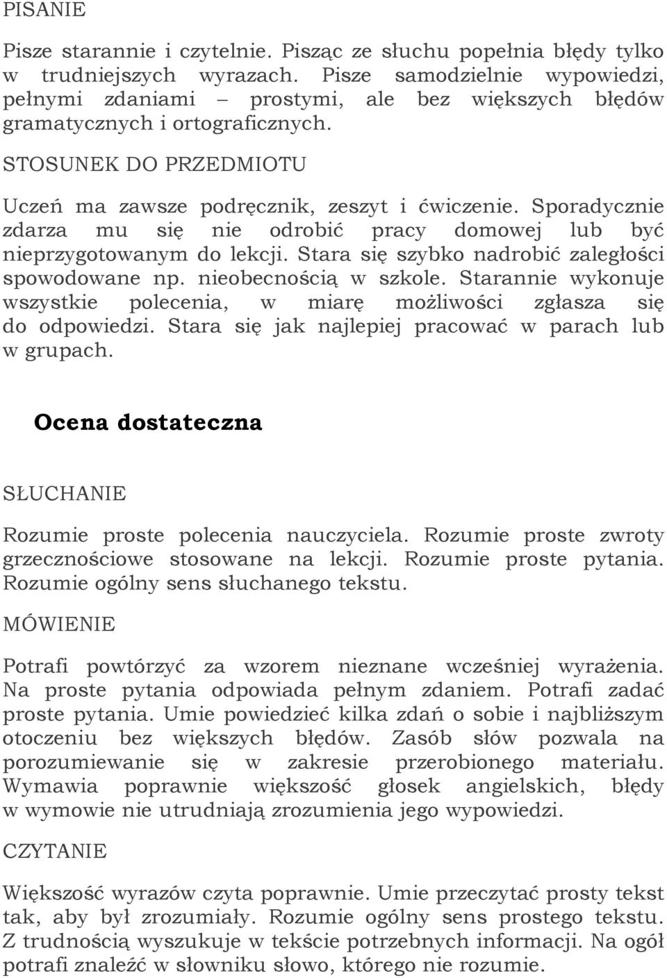 Sporadycznie zdarza mu się nie odrobić pracy domowej lub być nieprzygotowanym do lekcji. Stara się szybko nadrobić zaległości spowodowane np. nieobecnością w szkole.