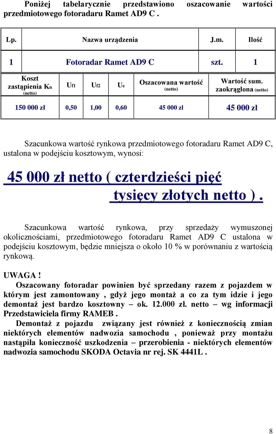 zaokrąglona (netto) 150 000 zł 0,50 1,00 0,60 45 000 zł 45 000 zł Szacunkowa wartość rynkowa przedmiotowego fotoradaru Ramet AD9 C, ustalona w podejściu kosztowym, wynosi: 45 000 zł netto (