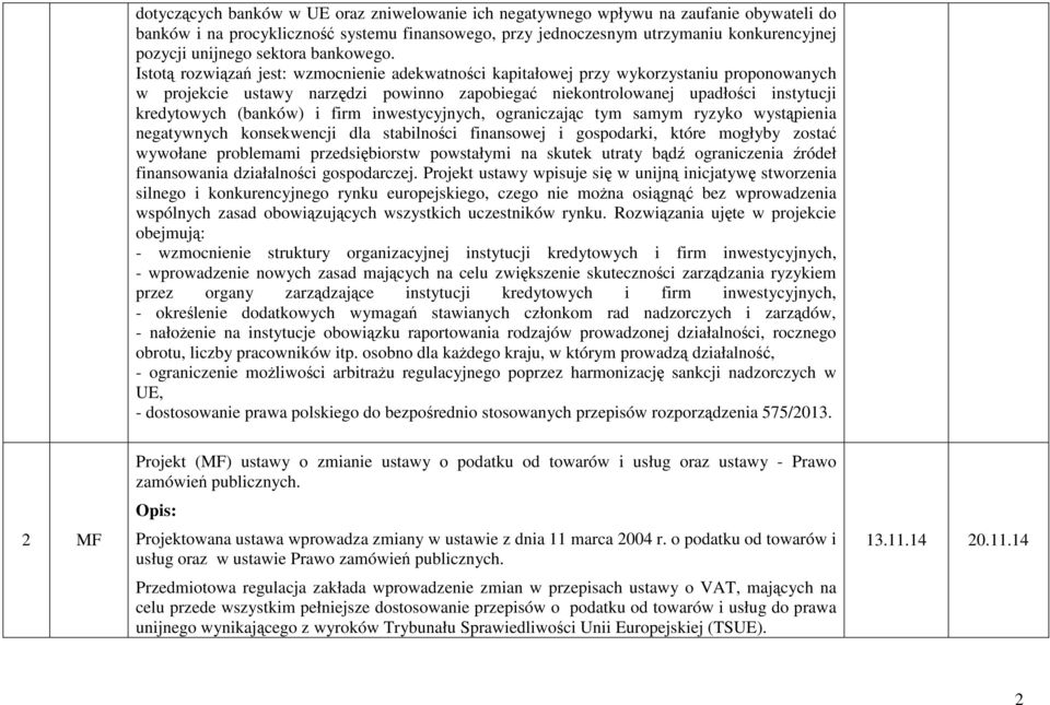 Istotą rozwiązań jest: wzmocnienie adekwatności kapitałowej przy wykorzystaniu proponowanych w projekcie ustawy narzędzi powinno zapobiegać niekontrolowanej upadłości instytucji kredytowych (banków)