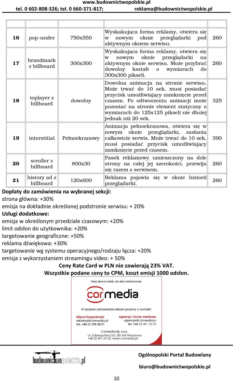 Może przybrać dowolny kształt o wymiarach do 300x300 pikseli. Dowolna animacja na stronie serwisu. Może trwać do 10 sek, musi posiadać przycisk umożliwiający zamknięcie przed czasem.