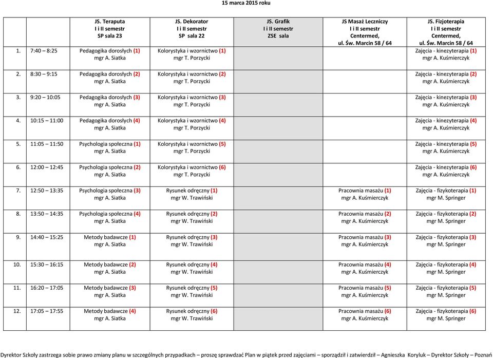 10:15 11:00 Pedagogika dorosłych (4) Kolorystyka i wzornictwo (4) Zajęcia - kinezyterapia (4) 5. 11:05 11:50 Psychologia społeczna (1) Kolorystyka i wzornictwo (5) Zajęcia - kinezyterapia (5) 6.