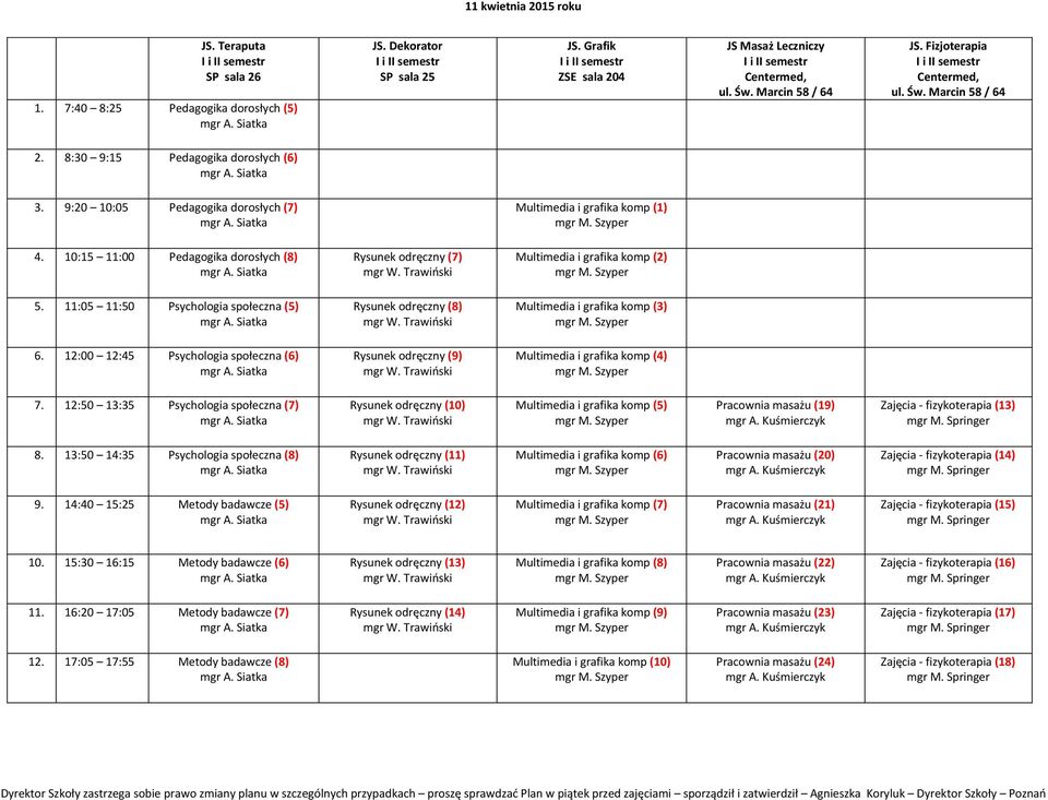12:00 12:45 Psychologia społeczna (6) Rysunek odręczny (9) Multimedia i grafika komp (4) 7.