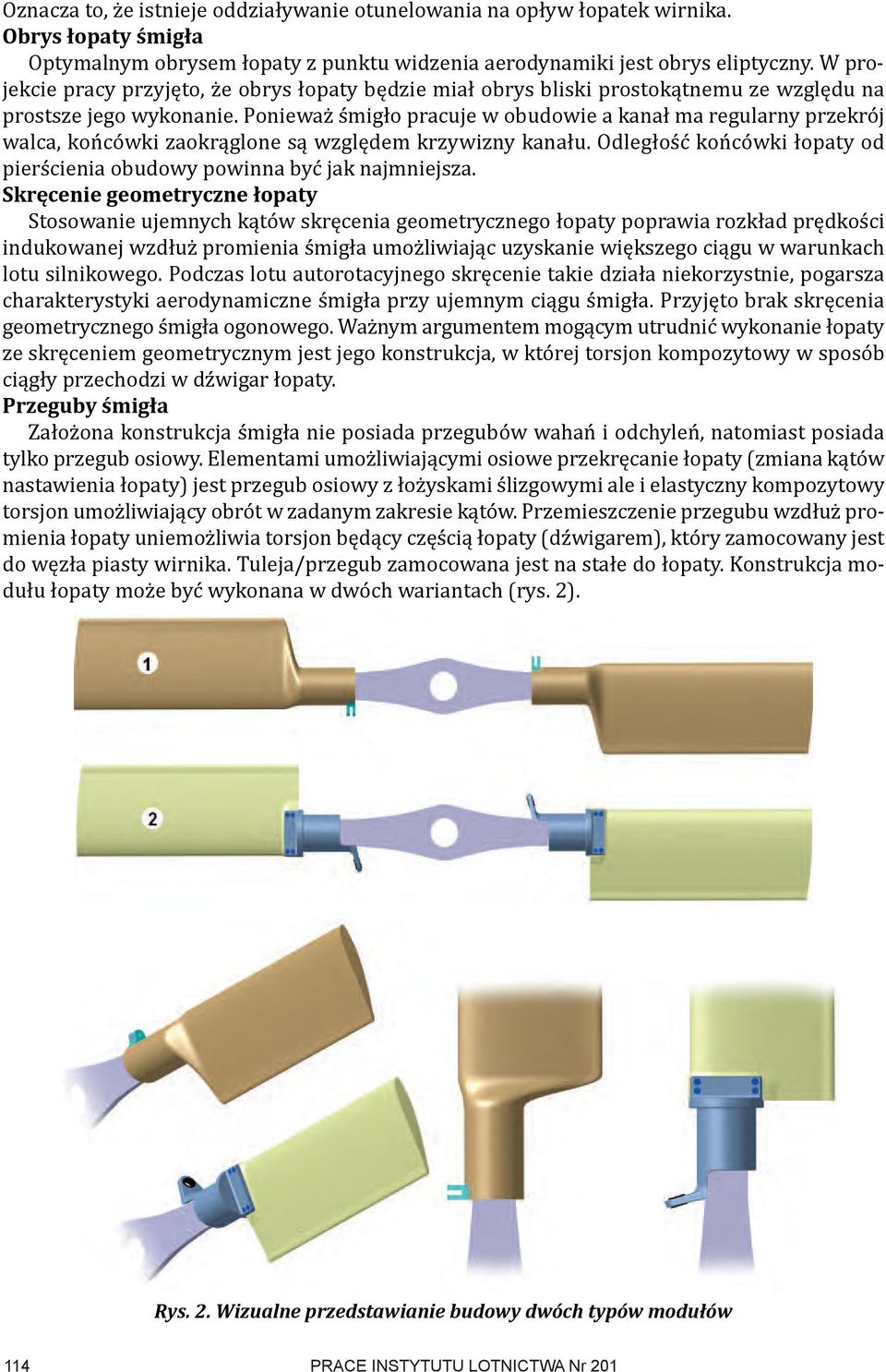 Ponieważ śmigło pracuje w obudowie a kanał ma regularny przekrój walca, końcówki zaokrąglone są względem krzywizny kanału. Odległość końcówki łopaty od pierścienia obudowy powinna być jak najmniejsza.