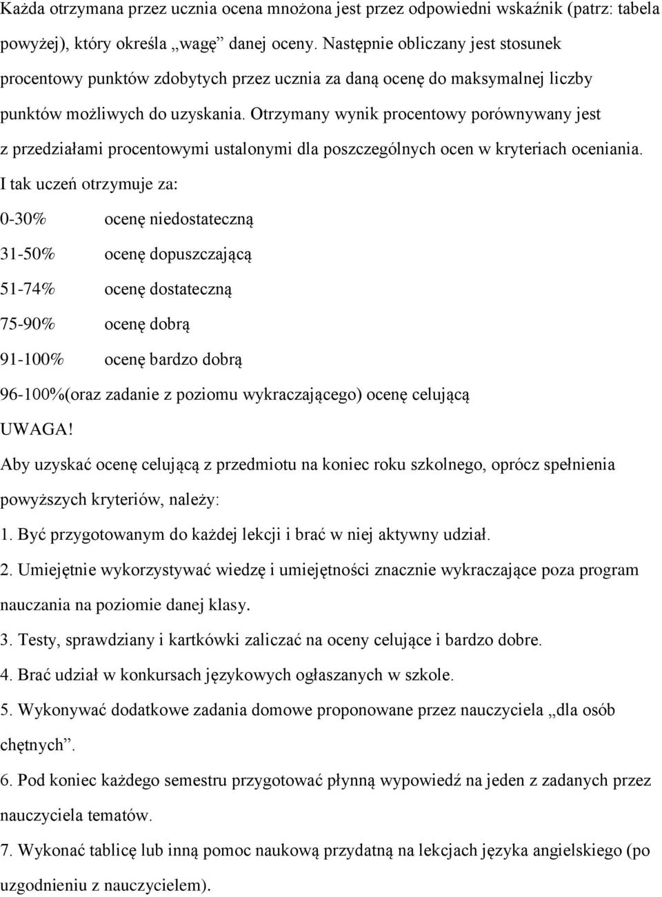 Otrzymany wynik procentowy porównywany jest z przedziałami procentowymi ustalonymi dla poszczególnych ocen w kryteriach oceniania.