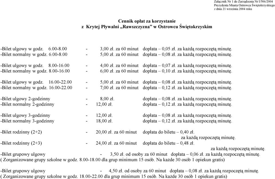 za każdą rozpoczętą minutę. -Bilet normalny w godz. 8.00-16.00-6,00 zł. za 60 minut dopłata 0,10 zł. za każdą rozpoczętą minutę. -Bilet ulgowy w godz. 16.00-22.00-5,00 zł. za 60 minut dopłata 0,08 zł.