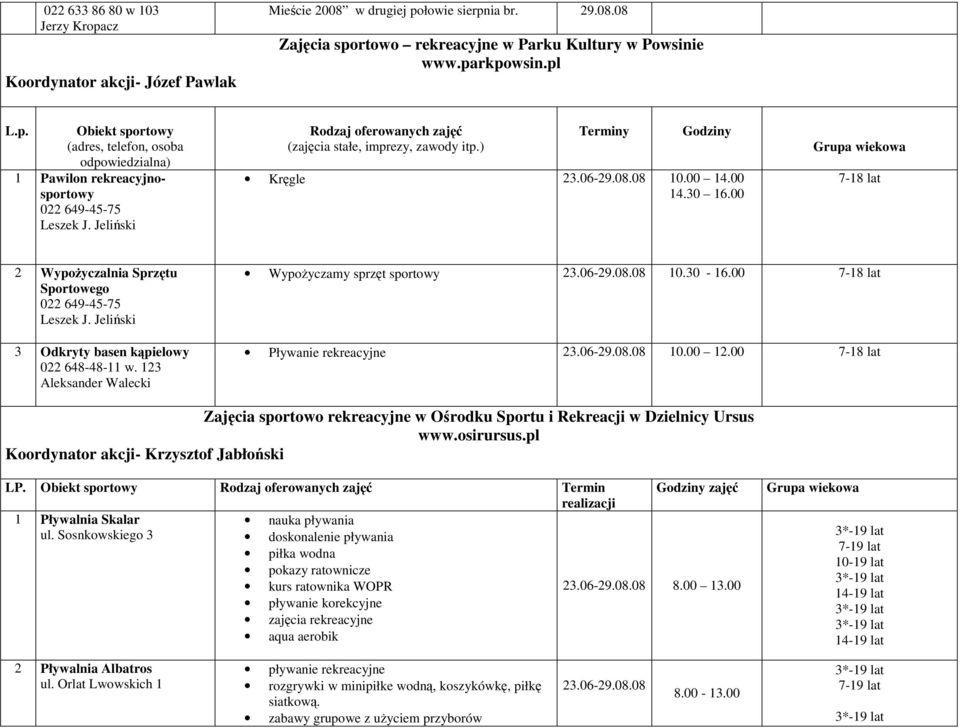 123 Aleksander Walecki WypoŜyczamy sprzęt sportowy 10.30-16.00 7-18 lat Pływanie rekreacyjne 10.00 12.00 7-18 lat Zajęcia sportowo rekreacyjne w Ośrodku Sportu i Rekreacji w Dzielnicy Ursus www.