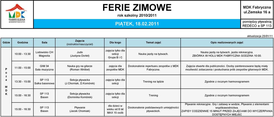 omórek) (ominika omórek) zajęcia dla zespołów oskonalenie repertuaru zespołów z Fabryczna. Trening na lądzie Trening otwarte dla publiczności.