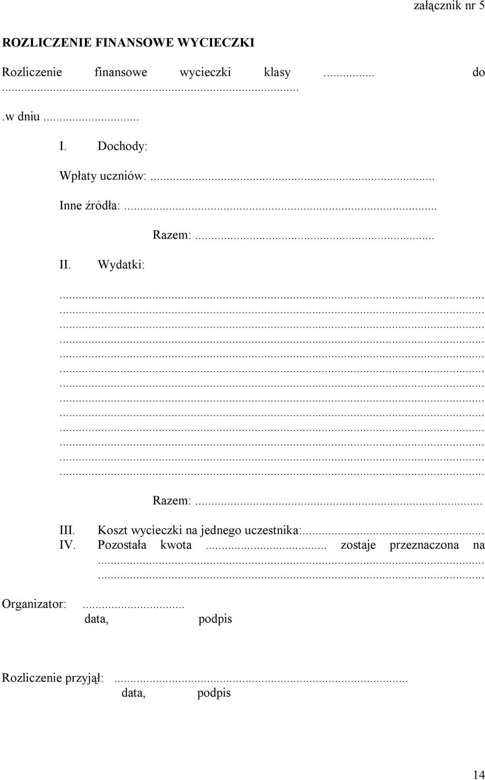 Wydatki: Razem:... III. Koszt wycieczki na jednego uczestnika:... IV. Pozostała kwota.