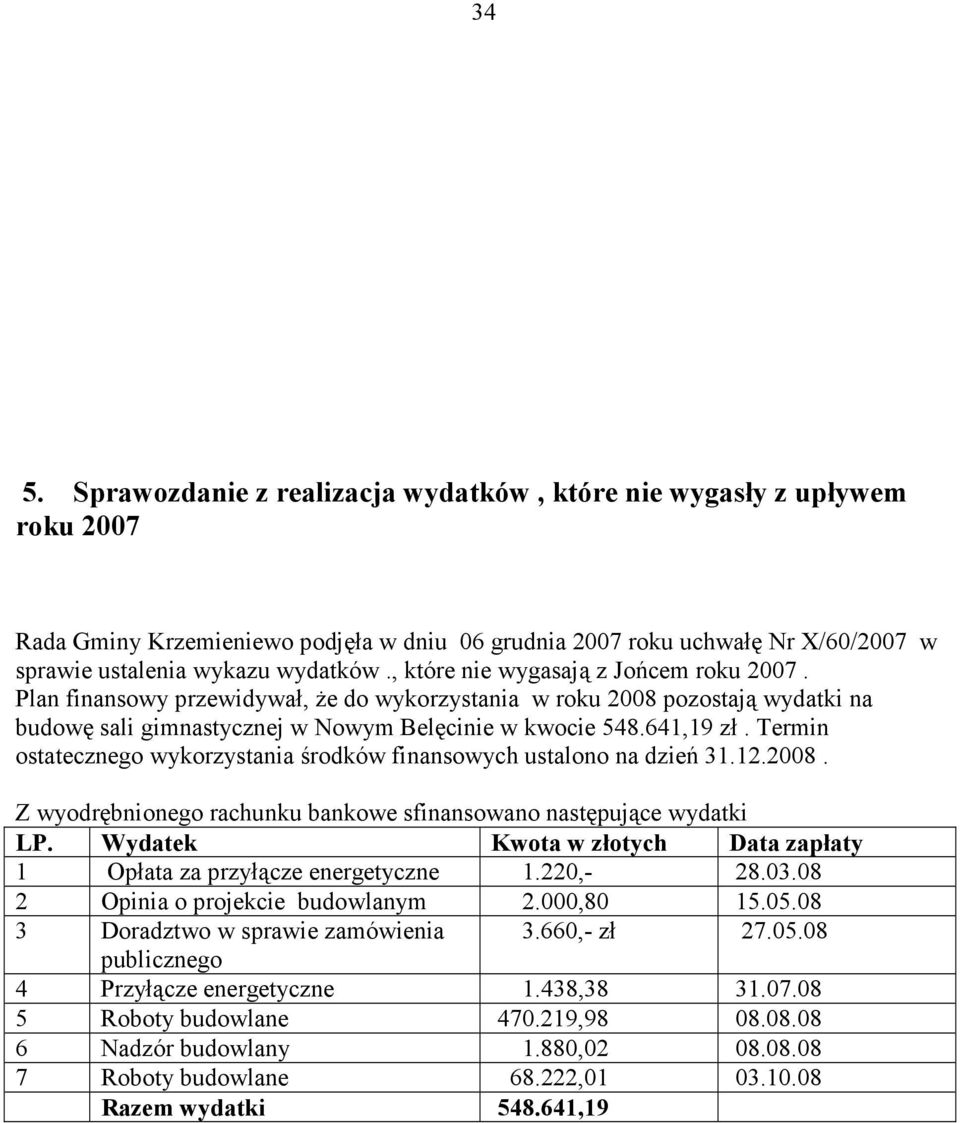 Termin ostatecznego wykorzystania środków finansowych ustalono na dzień 31.12.2008. Z wyodrębnionego rachunku bankowe sfinansowano następujące wydatki LP.