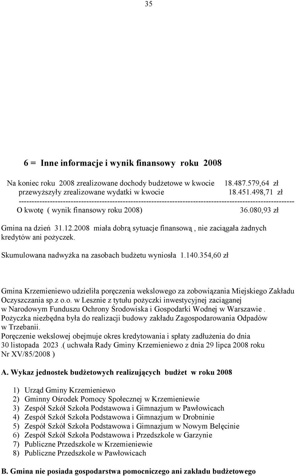 2008 miała dobrą sytuacje finansową, nie zaciągała Ŝadnych kredytów ani poŝyczek. Skumulowana nadwyŝka na zasobach budŝetu wyniosła 1.140.