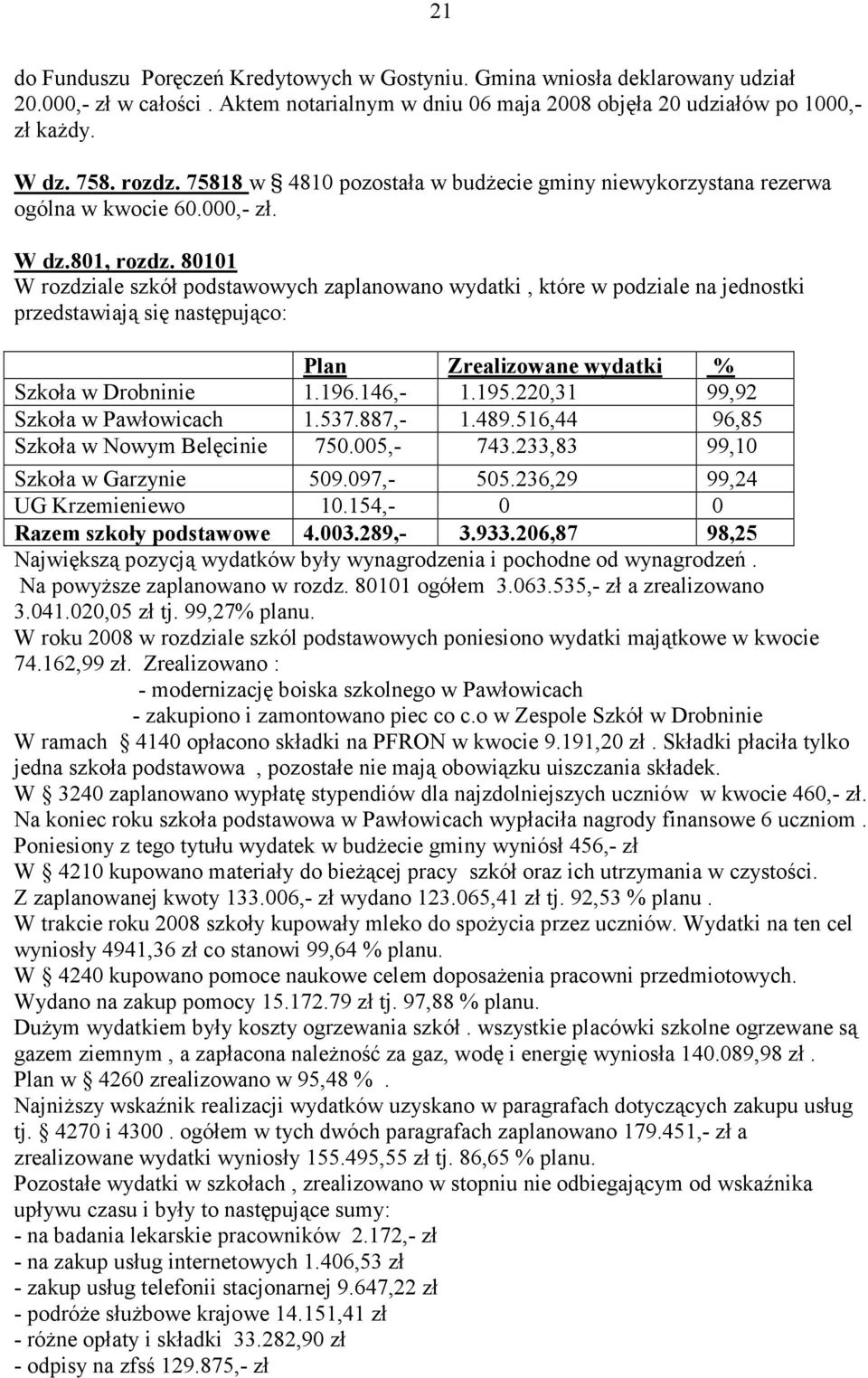 80101 W rozdziale szkół podstawowych zaplanowano wydatki, które w podziale na jednostki przedstawiają się następująco: Plan Zrealizowane wydatki % Szkoła w Drobninie 1.196.146,- 1.195.