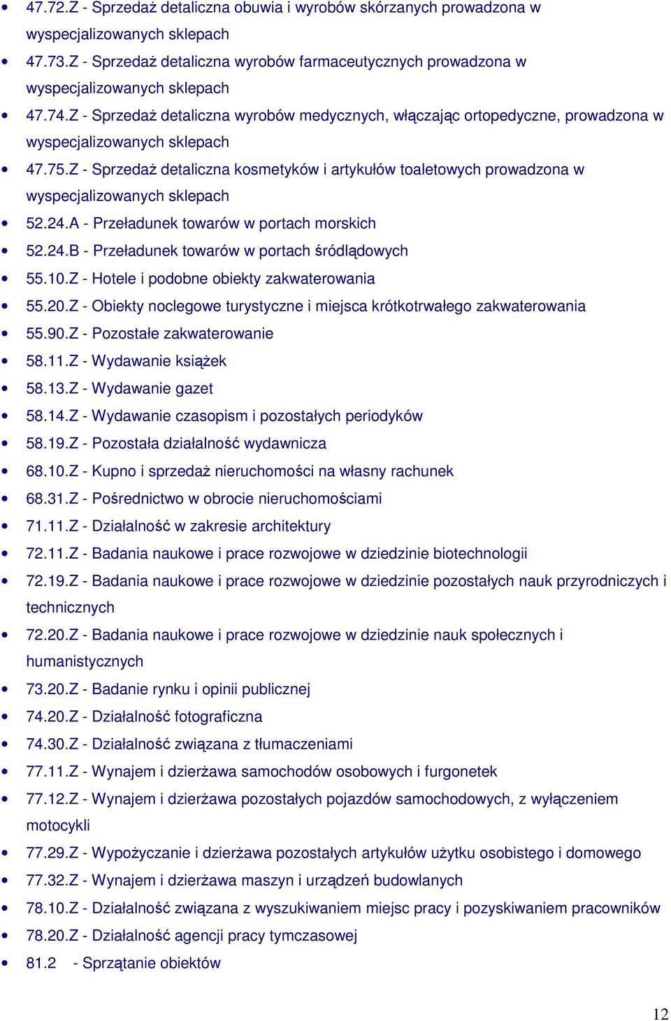 A - Przeładunek towarów w portach morskich 52.24.B - Przeładunek towarów w portach śródlądowych 55.10.Z - Hotele i podobne obiekty zakwaterowania 55.20.