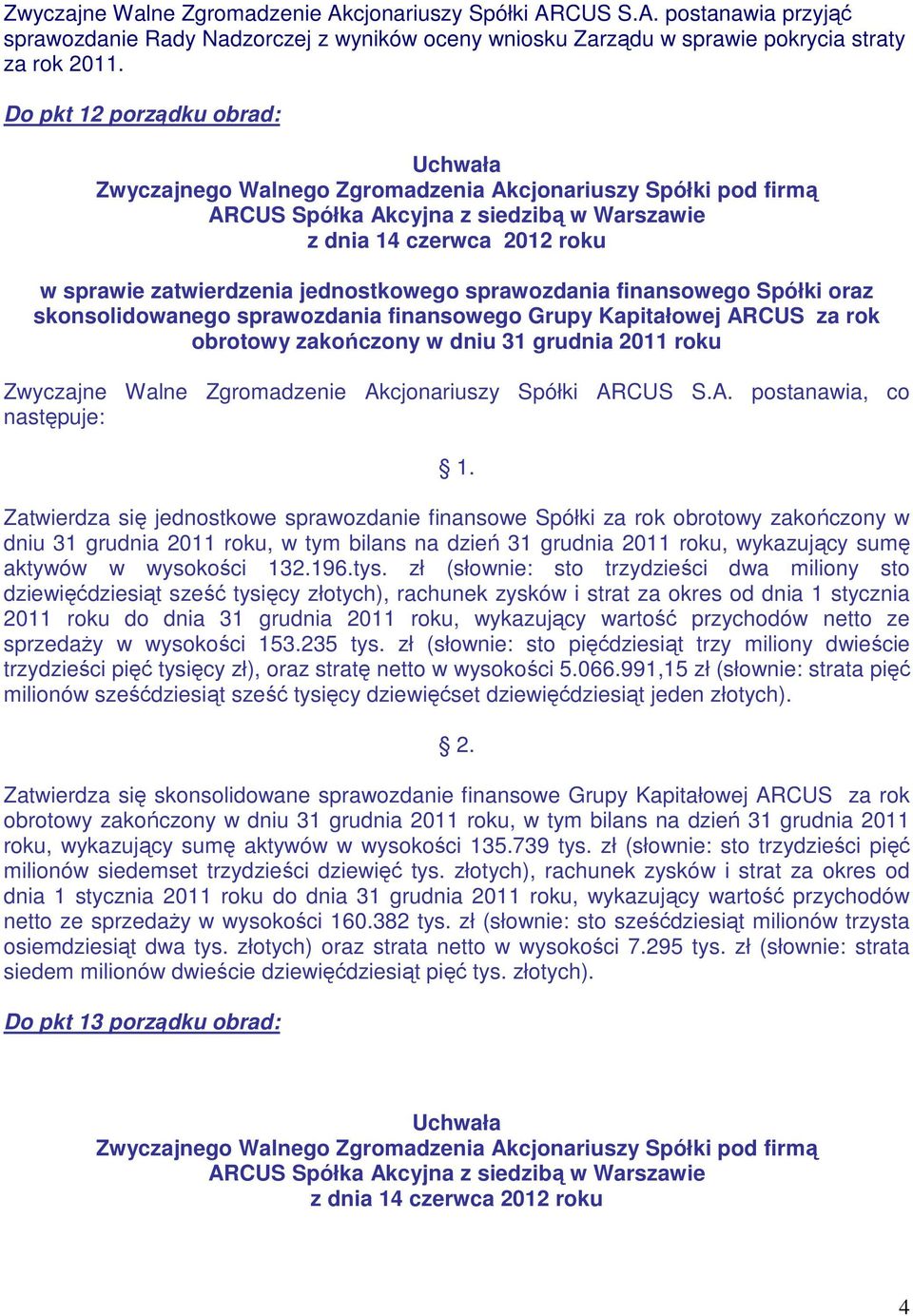 dniu 31 grudnia 2011 roku Zwyczajne Walne Zgromadzenie Akcjonariuszy Spółki ARCUS S.A. postanawia, co następuje: 1.