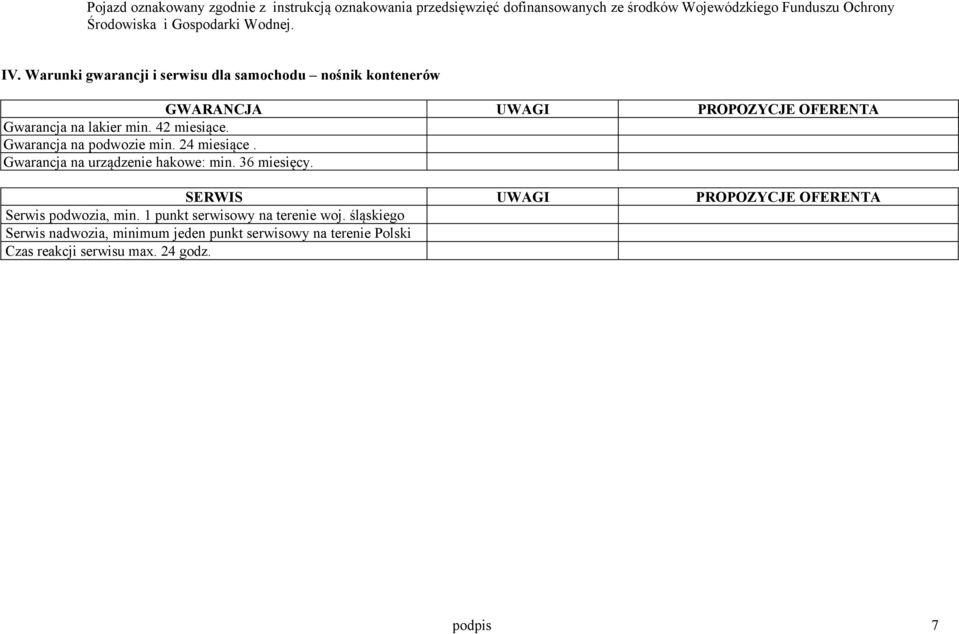 Gwarancja na podwozie min. 24 miesiące. Gwarancja na urządzenie hakowe: min. 36 miesięcy. SERWIS UWAGI PROPOZYCJE OFERENTA Serwis podwozia, min.