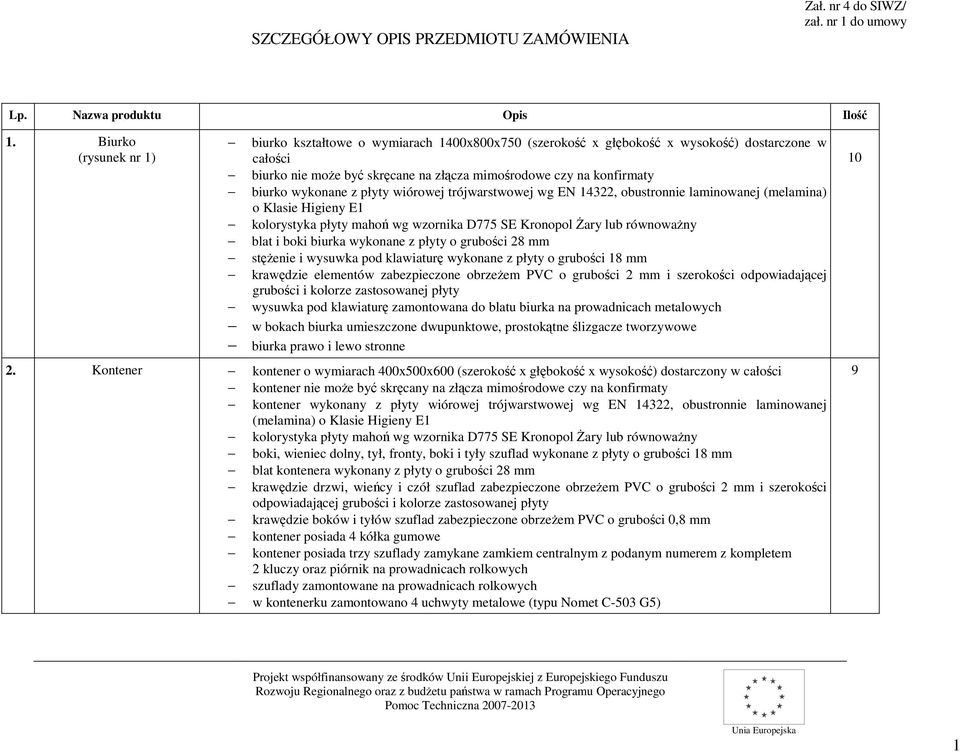 wykonane z płyty wiórowej trójwarstwowej wg EN 4322, obustronnie laminowanej (melamina) kolorystyka płyty mahoń wg wzornika D775 SE Kronopol Żary lub równoważny blat i boki biurka wykonane z płyty o