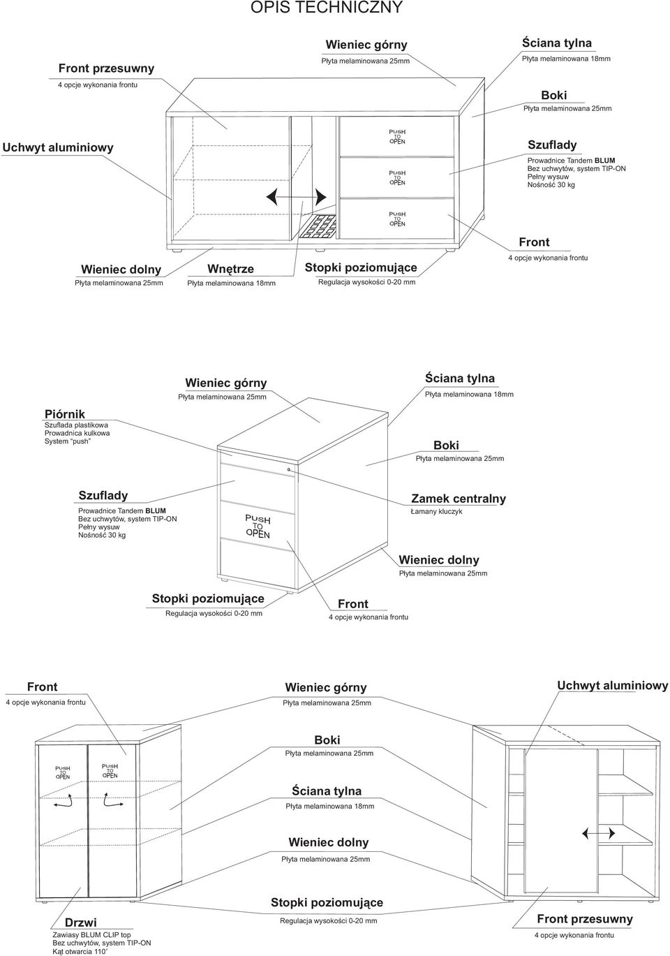 uchwytów, system TIP-ON Pełny wysuw Nośność 30 kg TO Zamek centralny Łamany kluczyk Wieniec dolny Stopki poziomujące Regulacja wysokości 0-20 mm Front Front