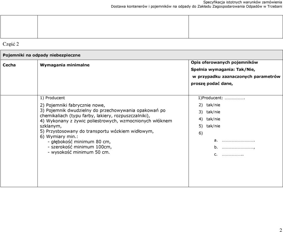 lakiery, rozpuszczalniki), 4) Wykonany z żywic poliestrowych, wzmocnionych włóknem szklanym, 5) Przystosowany do transportu wózkiem widłowym, 6) Wymiary