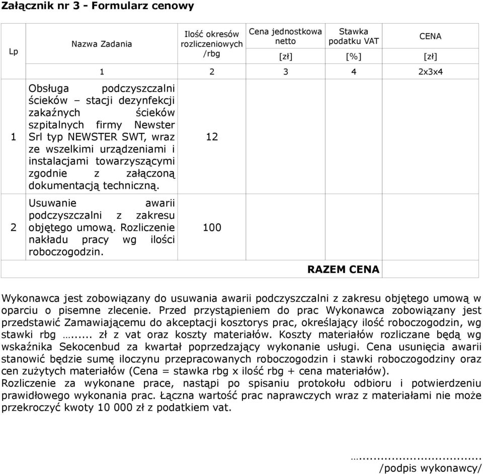 Usuwanie awarii podczyszczalni z zakresu objętego umową. Rozliczenie nakładu pracy wg ilości roboczogodzin.