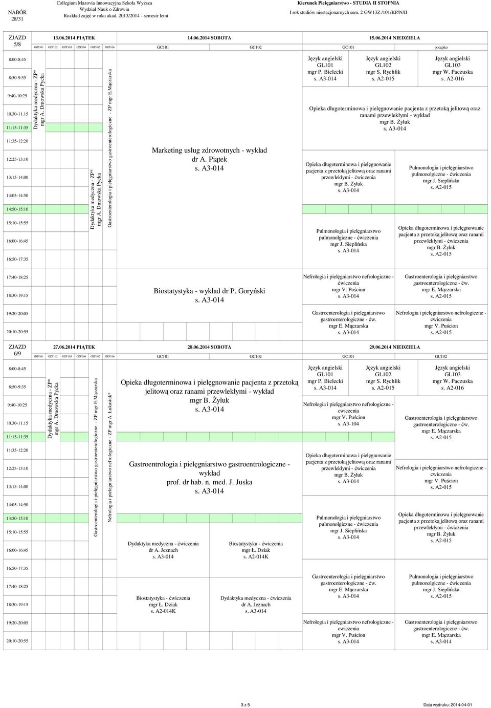 Biostatystyka - dr P. Goryński 6/9 27.06.2014 PIĄTEK 28.06.2014 SOBOTA 29.06.2014 NIEDZIELA gastroenterologiczne - ZP mgr E.