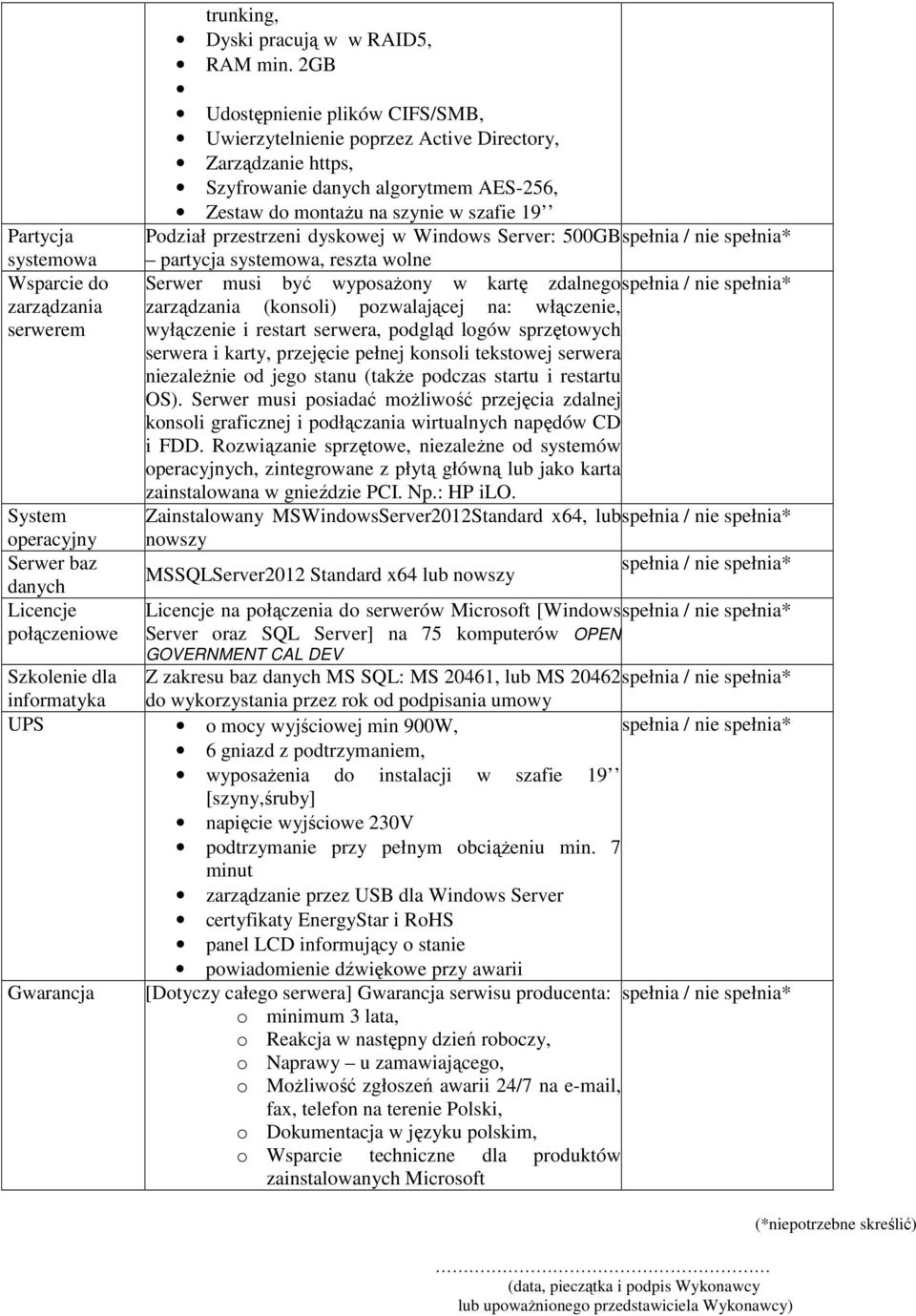 dyskowej w Windows Server: 500GB partycja systemowa, reszta wolne Serwer musi być wyposażony w kartę zdalnego zarządzania (konsoli) pozwalającej na: włączenie, wyłączenie i restart serwera, podgląd