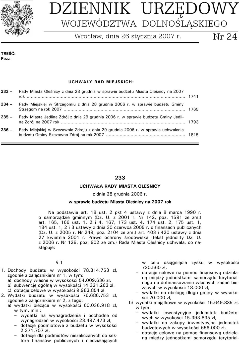 w sprawie budżetu Gminy Jedlina Zdrój na 2007 rok... 1793 236 Rady Miejskiej w Szczawnie Zdroju z dnia 29 grudnia 2006 r. w sprawie uchwalenia budżetu Gminy Szczawno Zdrój na rok 2007.