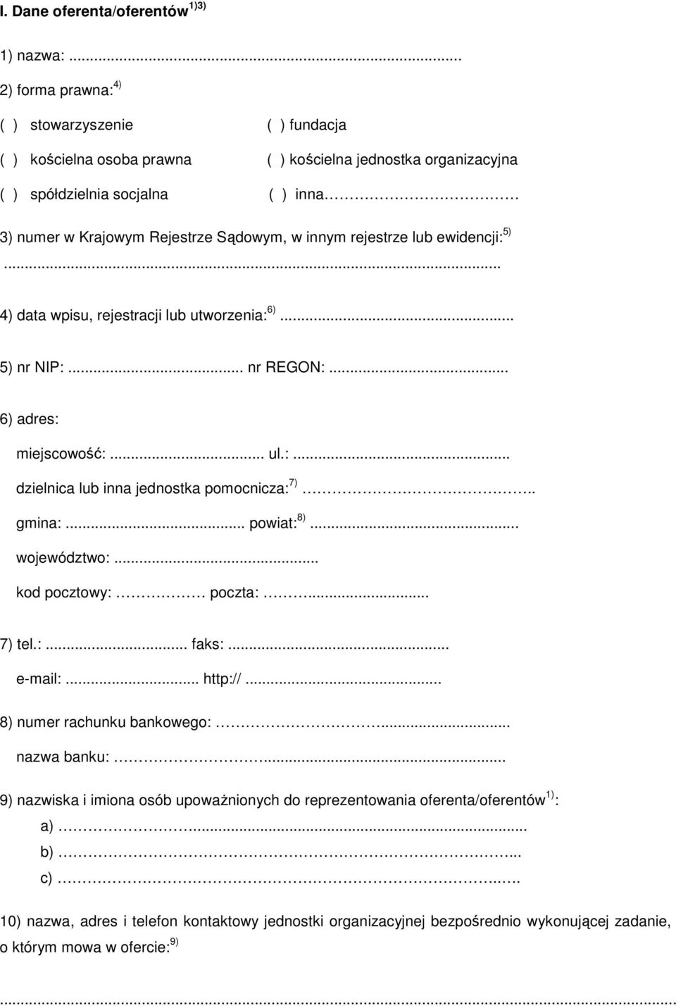 innym rejestrze lub ewidencji: 5)... 4) data wpisu, rejestracji lub utworzenia: 6)... 5) nr NIP:... nr REGON:... 6) adres: miejscowość:... ul.:... dzielnica lub inna jednostka pomocnicza: 7).. gmina:.