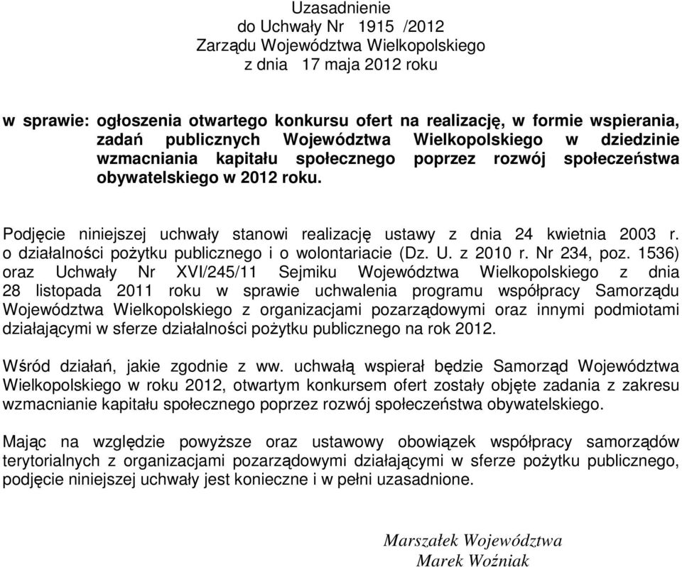 Podjęcie niniejszej uchwały stanowi realizację ustawy z dnia 24 kwietnia 2003 r. o działalności pożytku publicznego i o wolontariacie (Dz. U. z 2010 r. Nr 234, poz.