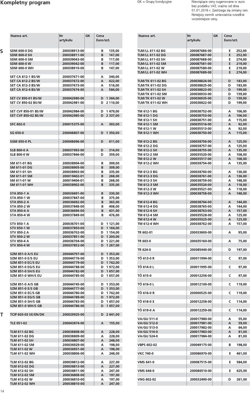 S T 14 SDM 600-0 DG 200038913-00 B 135,00 SDM 600-0 SH 200038911-00 B 147,00 SDM 600-0 SM 200039043-00 B 117,00 SDM 600-0 W 200039042-00 B 117,00 SDM 600-0 WH 200038910-00 B 147,00 SET CA 812-1 BS/W