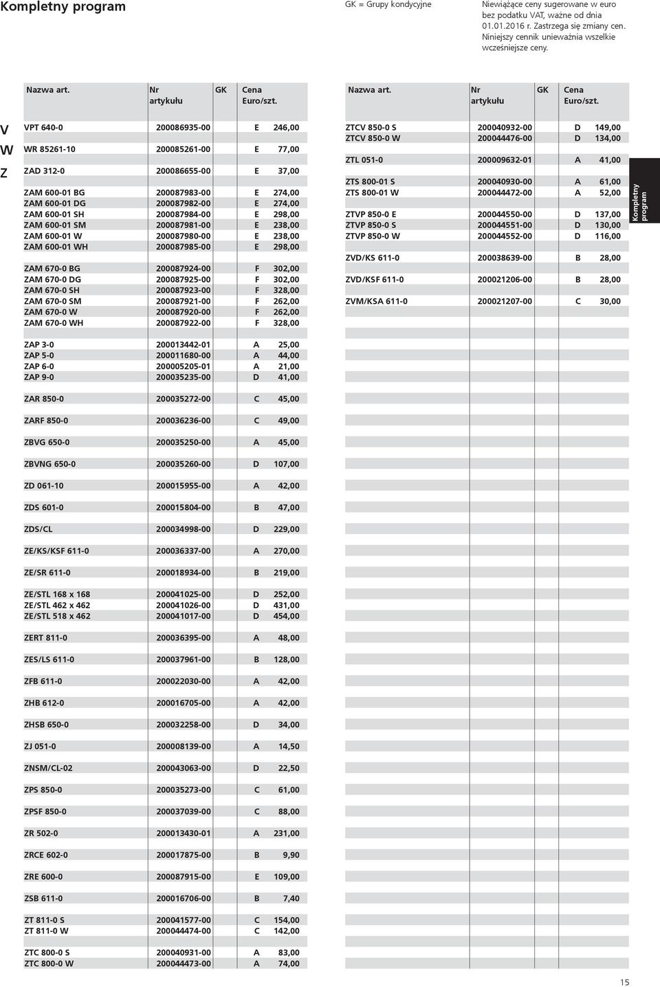V W Z VPT 640-0 200086935-00 E 246,00 WR 85261-10 200085261-00 E 77,00 ZAD 312-0 200086655-00 E 37,00 ZAM 600-01 BG 200087983-00 E 274,00 ZAM 600-01 DG 200087982-00 E 274,00 ZAM 600-01 SH