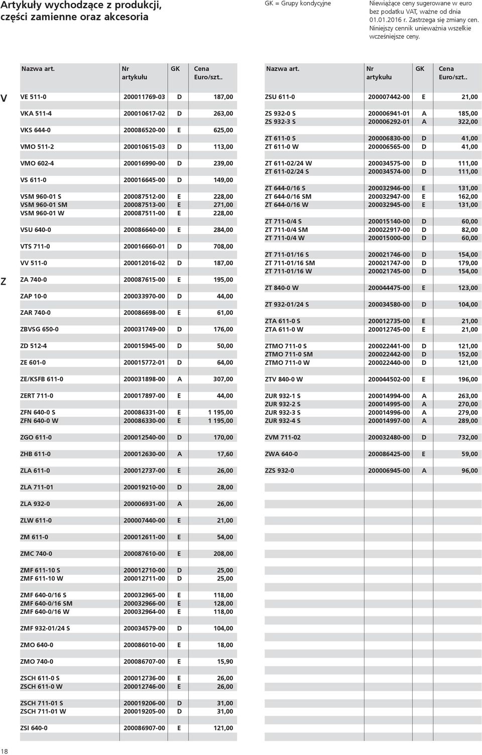 . V Z VE 511-0 200011769-03 D 187,00 VKA 511-4 200010617-02 D 263,00 VKS 644-0 200086520-00 E 625,00 VMO 511-2 200010615-03 D 113,00 VMO 602-4 200016990-00 D 239,00 VS 611-0 200016645-00 D 149,00 VSM