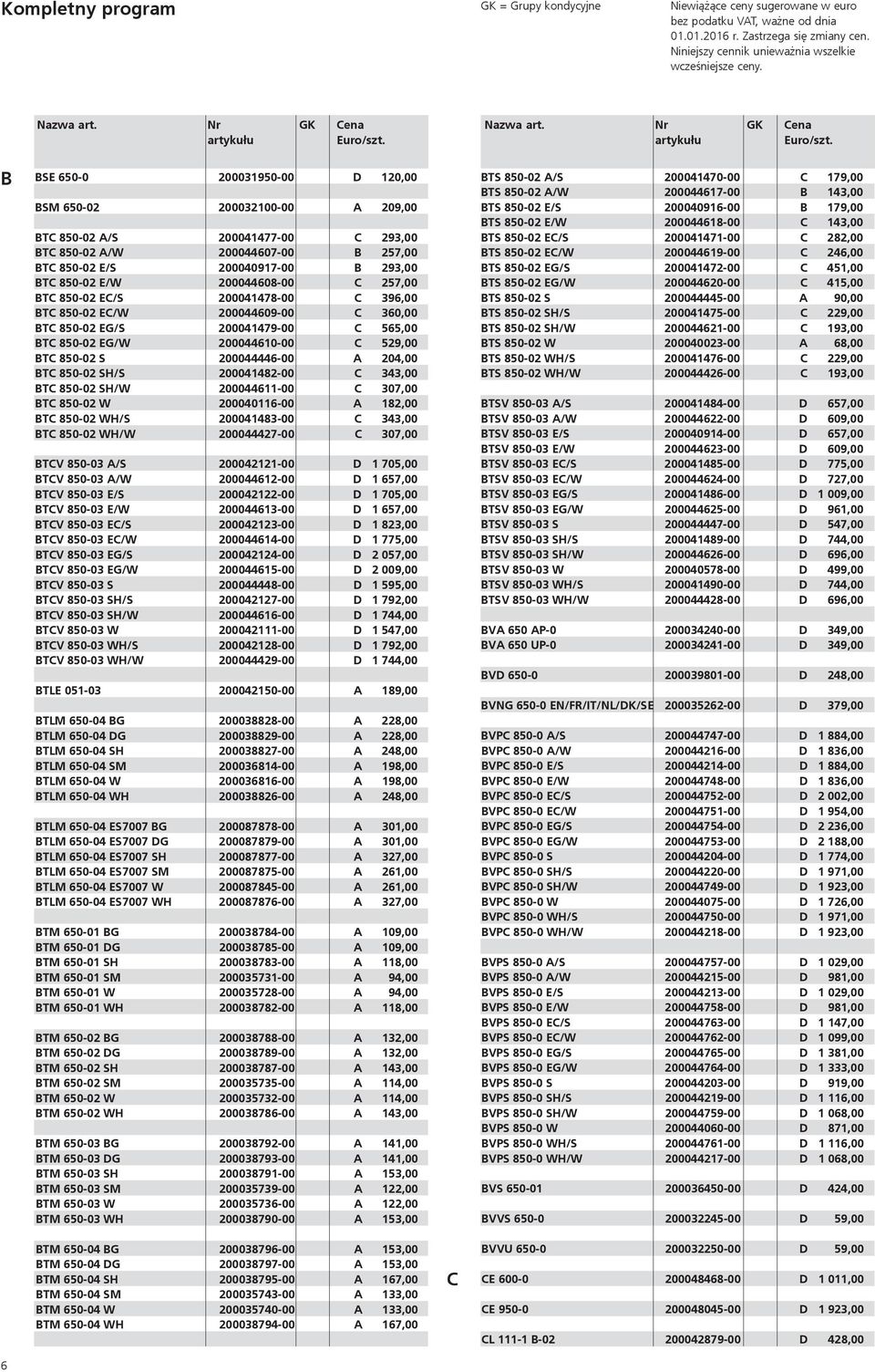 B BSE 650-0 200031950-00 D 120,00 BTS 850-02 A/S 200041470-00 C 179,00 BTS 850-02 A/W 200044617-00 B 143,00 BSM 650-02 200032100-00 A 209,00 BTS 850-02 E/S 200040916-00 B 179,00 BTS 850-02 E/W