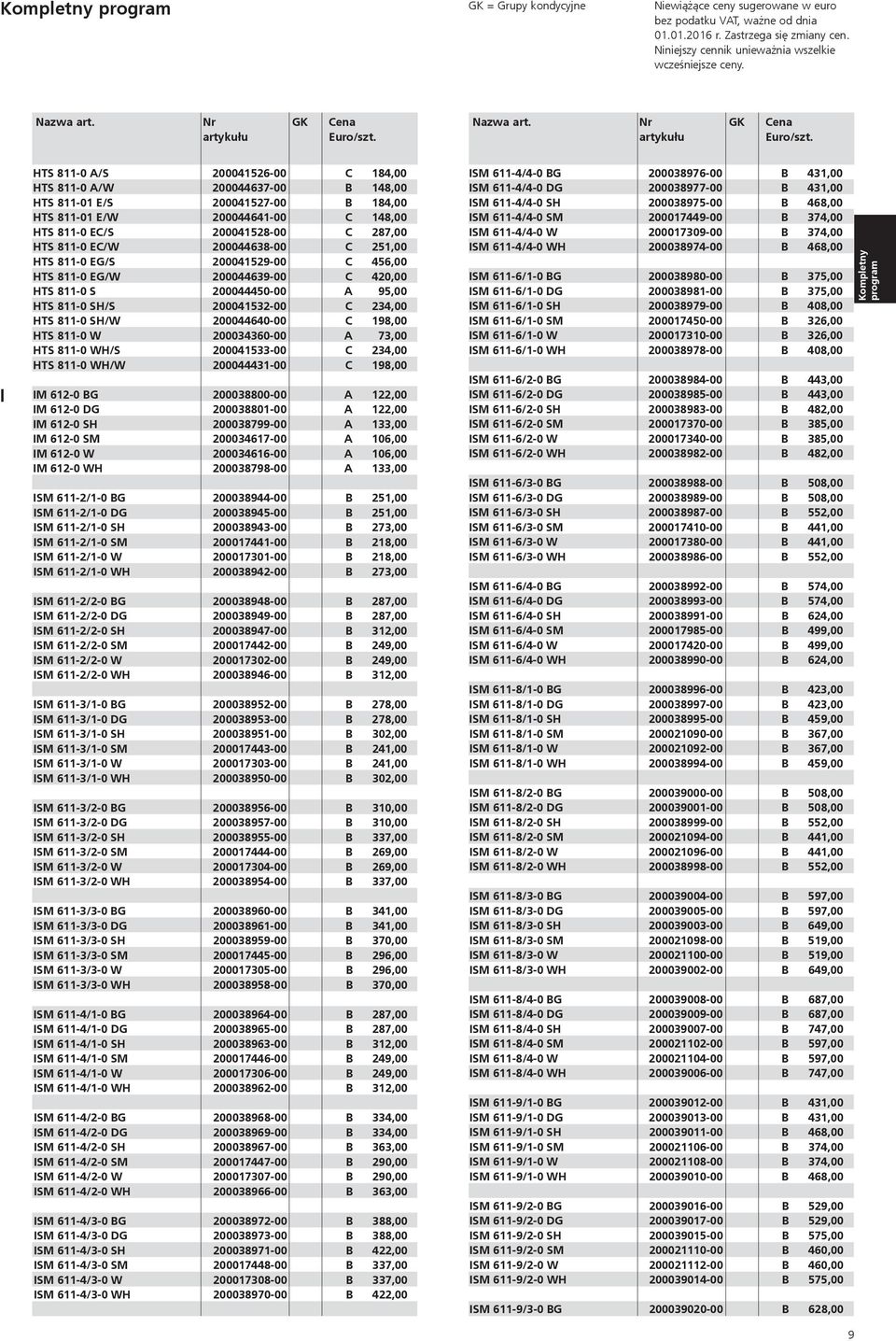 I HTS 811-0 A/S 200041526-00 C 184,00 HTS 811-0 A/W 200044637-00 B 148,00 HTS 811-01 E/S 200041527-00 B 184,00 HTS 811-01 E/W 200044641-00 C 148,00 HTS 811-0 EC/S 200041528-00 C 287,00 HTS 811-0 EC/W