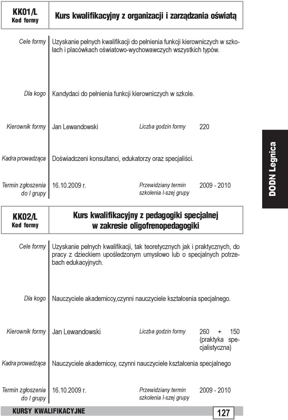 2009-2010 KK02/L Kurs kwalifikacyjny z pedagogiki specjalnej w zakresie oligofrenopedagogiki Uzyskanie pełnych kwalifikacji, tak teoretycznych jak i praktycznych, do pracy z dzieckiem upośledzonym