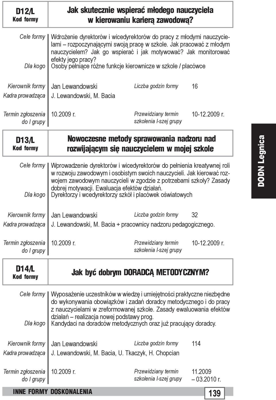 Osoby pełniące różne funkcje kierownicze w szkole / placówce Kierownik formy Jan Lewandowski Liczba godzin formy 16 Kadra prowadząca J. Lewandowski, M. Bacia 10.2009 r.