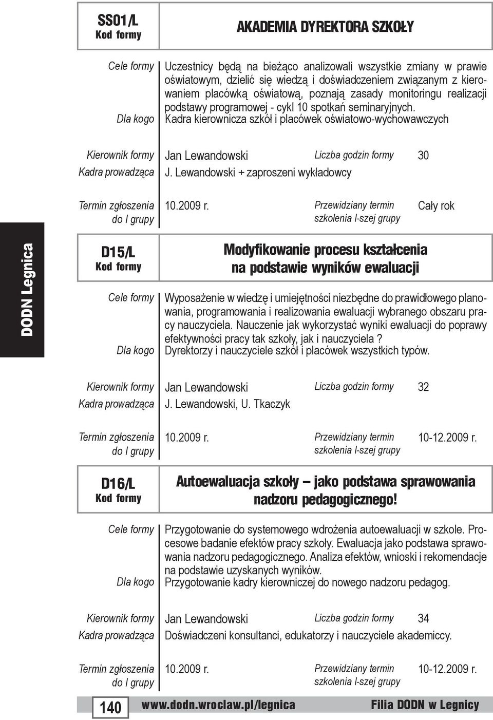 Kadra kierownicza szkół i placówek oświatowo-wychowawczych Kierownik formy Jan Lewandowski Liczba godzin formy 30 Kadra prowadząca J. Lewandowski + zaproszeni wykładowcy 10.2009 r.