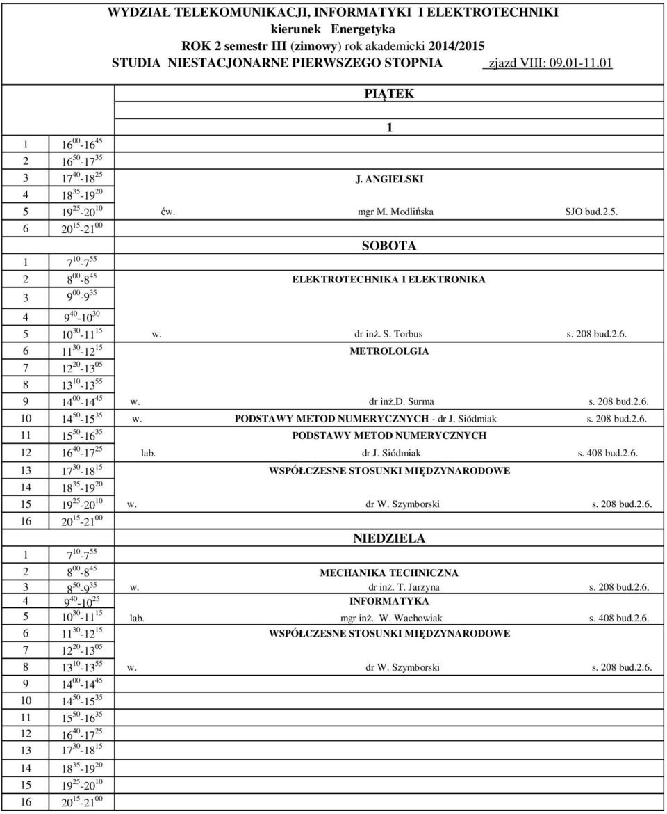 PODSTAWY METOD NUMERYCZNYCH - dr J. Siódmiak s. 208 bud.2.6. 5 50-6 35 PODSTAWY METOD NUMERYCZNYCH 2 6 40-7 25 lab. dr J. Siódmiak s. 408 bud.2.6. WSPÓŁCZESNE STOSUNKI MIĘDZYNARODOWE w. dr W.