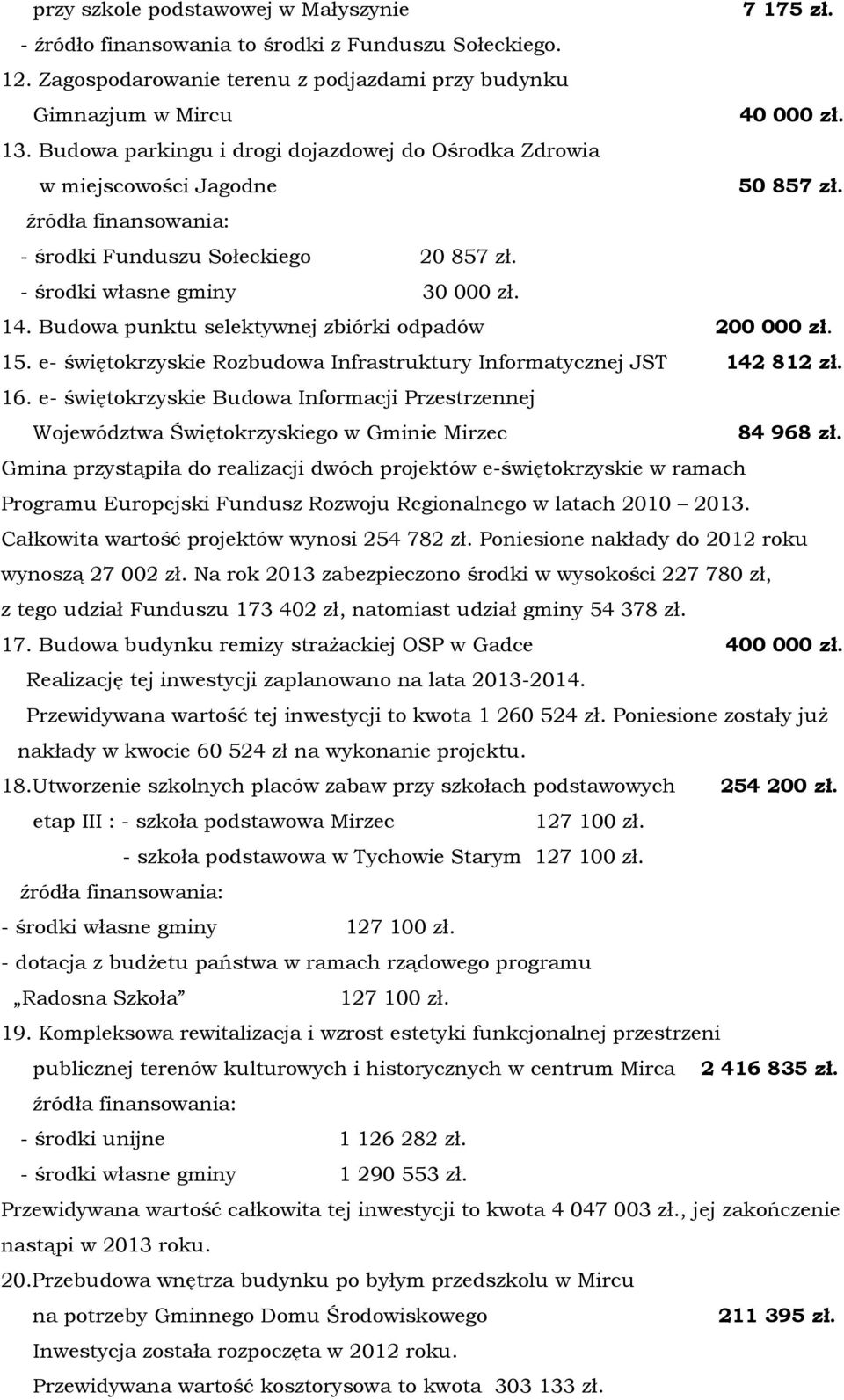 Budowa punktu selektywnej zbiórki odpadów 200000 zł. 15. e- świętokrzyskie Rozbudowa Infrastruktury Informatycznej JST 142812 zł. 16.