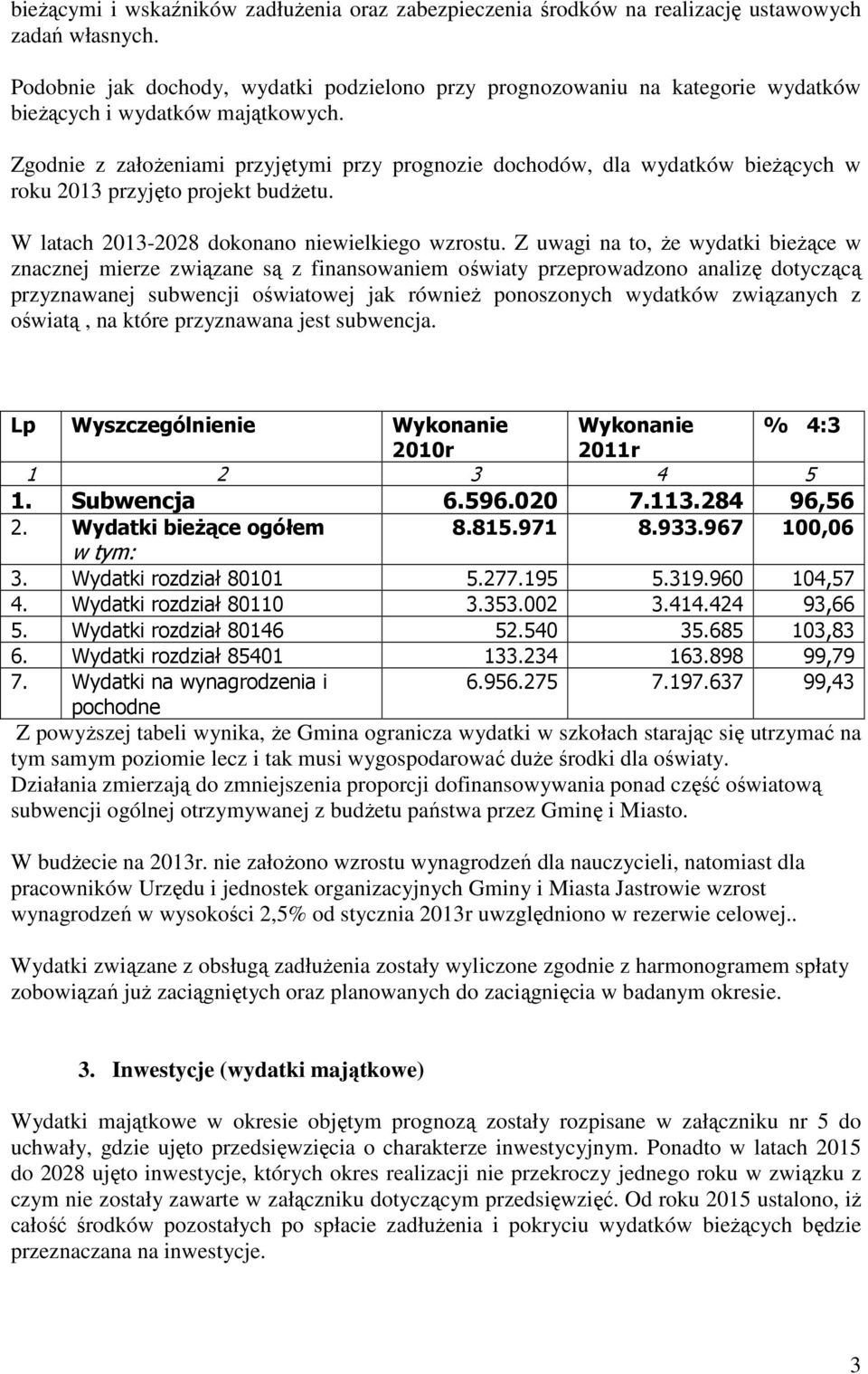 Zgodnie z załoŝeniami przyjętymi przy prognozie dochodów, dla wydatków bieŝących w roku 2013 przyjęto projekt budŝetu. W latach 2013-2028 dokonano niewielkiego wzrostu.