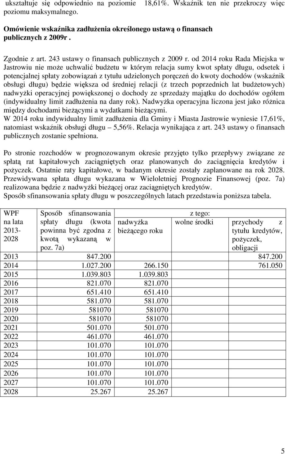 od 2014 roku Rada Miejska w Jastrowiu nie moŝe uchwalić budŝetu w którym relacja sumy kwot spłaty długu, odsetek i potencjalnej spłaty zobowiązań z tytułu udzielonych poręczeń do kwoty dochodów