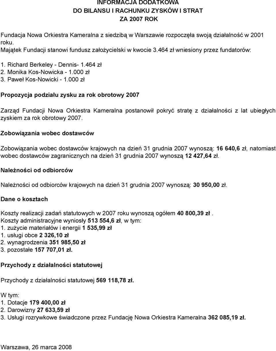 000 z Propozycja podziau zysku za rok obrotowy 2007 Zarzd Fundacji Nowa Orkiestra Kameralna postanowi pokryć strat z dziaalnoci z lat ubiegych zyskiem za rok obrotowy 2007.