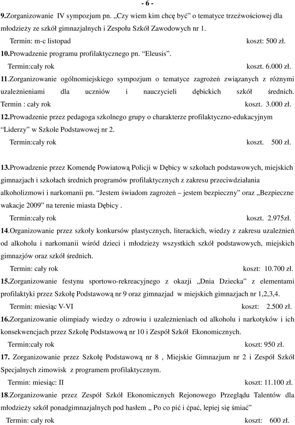 3. zł. 12.Prowadzenie przez pedagoga szkolnego grupy o charakterze profilaktyczno-edukacyjnym Liderzy w Szkole Podstawowej nr 2. koszt. 5 zł. 13.