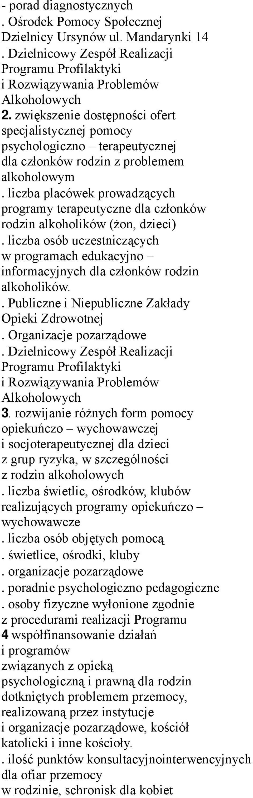 liczba placówek prowadzących programy terapeutyczne dla członków rodzin alkoholików (żon, dzieci). liczba osób uczestniczących w programach edukacyjno informacyjnych dla członków rodzin alkoholików.